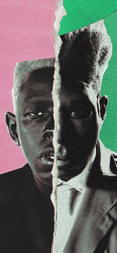 two black men with torn up faces in front of a green and pink background, one is looking at the camera