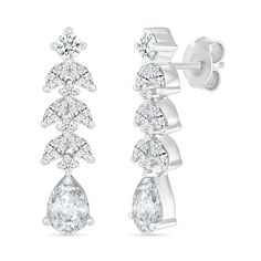 Take your evening look to the next level when you wear these pear-shaped, marquise-cut and round white lab-created sapphire vine drop earrings. Crafted in sterling silver Each earring showcases pairs of leaf-like marquise-cut shimmering white lab-created sapphires alternating with round white lab-created sapphires in a linear row. A 7.0 x 5.0mm pear-shaped white lab-created sapphire at the end of the drop and a round lab-created sapphire post complete the look. These earrings secure comfortably White Sapphire Earrings, White Lab, Peoples Jewellers, Sapphire Earrings, Bride Dresses, Marquise Cut, White Sapphire, Mother Of The Bride Dresses, Pear Shaped