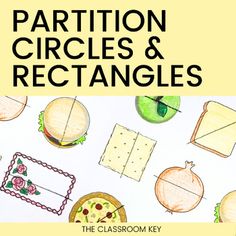 the cover of partition circles and rectangles is shown with pictures of food on it