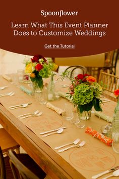 a table set up for a wedding with flowers in vases and place settings on it