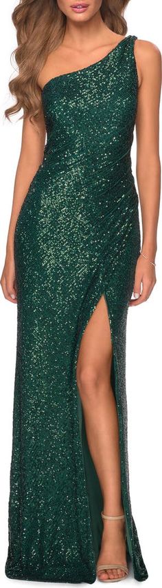 La Femme One-Shoulder Sequin Gown | Nordstrom Dark Blue Glitter Dress, Gala Dress, One Shoulder Gown, Sequin Gown, Glitter Dress, Gala Dresses, Prom Night, Blue Glitter, Strapless Dress Formal