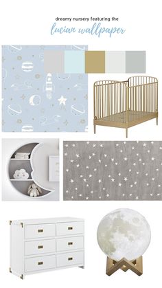 Image for inspired boy nursery decor from Loomwell Home Goods. Night Nursery Theme, Planets Nursery, Boy Nurseries Ideas, Nursery Peel And Stick Wallpaper, Astronaut Nursery, Planet Nursery, Galaxy Nursery, Celestial Nursery, Night Nursery