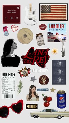 an assortment of stickers and magnets on a white background with the words lana del ray