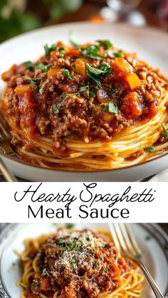 spaghetti with meat sauce and parmesan cheese on top is shown in this collage