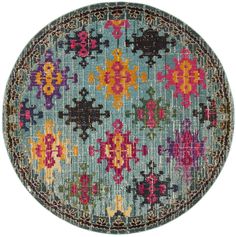 a round rug with colorful designs on the top and bottom, it is blue in color