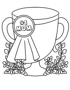 a coffee cup with the word mom on it, surrounded by flowers and leaves in black and white