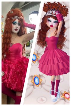 two different pictures of a woman dressed in pink and wearing a tiara with red hair