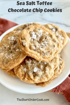 sea salt toffee chocolate chip cookies on a white plate with text overlay