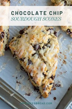 chocolate chip sourdough scones on a baking sheet with the title above it