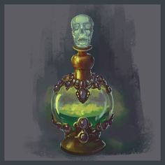 a painting of a green glass bottle with a skull in it's top half