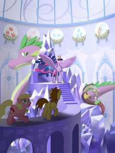 several ponies are standing in front of a castle with many clocks on the wall