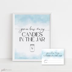 "Looking for cute baby shower decor for a baby boy? Look no further than this minimalist Guess How Many Candies in the Jar game. This editable template features a minimal design, with a simple baby blue watercolor header making it perfect for any baby shower theme. This adorable printable is available as a self-editing, downloadable template. With the ability to edit all of the text, you can use it as is or personalize it to add your own touch.  🦄 Matching Items: https://etsy.me/3LC5jE4 ----------------------------------------------------------------------- * * This is a DIGITAL TEMPLATE * * No physical product will be mailed to you** This is a self-editing, downloadable template using the Corjl website. No need to download any software, fonts, or wait for proofs. Once you have placed you Jar Games, Boy Baby Shower Games, Game Template, Downloadable Templates, Game Prices, Guessing Games, The Jar, Boy Baby Shower, Game Card