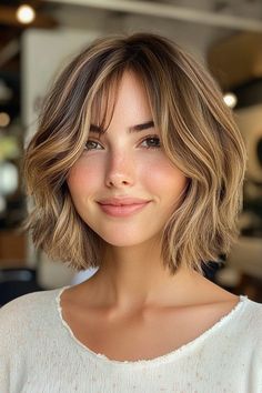 45 Chic Layered Bob Haircuts : Soft Wavy Bob with Curtain Bangs Wavy Chin Length Hair With Bangs, Classic Bob With Curtain Bangs, Short Layered Haircuts With Curtain Bang, Short Length Hair With Curtain Bangs, Modern Bob With Curtain Bangs, Soft Curtain Bangs Wavy Hair, Short Bob Curtain Bangs Straight, Brown Bob Haircut With Bangs, Curtain Bangs Bob Hair