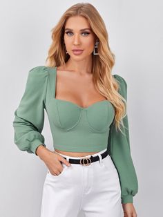 Suits Clothing, Puff Sleeve Crop Top, Cropped Tops, Green Top, Crop Top Blouse, Crop Blouse, Sweetheart Neck, Fashion Online Shop