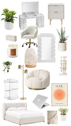 a collage of white furniture, plants and other items in the shape of a bed