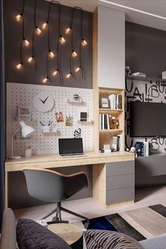 a room with a desk, chair and bookshelf filled with items on the wall