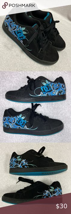 DC pixie scroll skateboard shoe sneaker black and blue size 5 Pixie Shoes, 2000s Shoes, Dc Skate Shoes, Mcbling Fashion, Pretty Shoes Sneakers, Personalized Shoes, Baggy Clothes, Swag Shoes, Swaggy Outfits