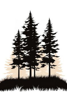 the silhouettes of three trees are shown in this graphic art work, with grass and grasses