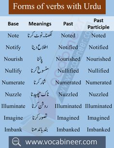 the english and arabic words used to describe different forms of verbs with urdu