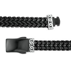 Polish off his favorite casual looks with this chic chain bracelet. Created in solid stainless steel with black ion plate, this 8.25mm-wide choice showcases a double row of Franco snake chain. Adding a unique touch, chain link-like patterns in white solid stainless steel glisten near the clasp. Buffed to a brilliant luster, this 8.5-inch bracelet secures with a box clasp. Snake Chain Bracelets, Box Clasp, White Solid, Snake Chain, A Box, Chain Bracelet, Chain Link, The Row, Casual Looks