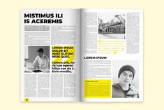 an open magazine with black and white photos on the front page, featuring yellow accents