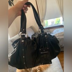 Juicy Couture Black Leather Hobo Shoulder Handbag. Vintage And In Great Condition. Has A Zipper And Pocket On The Inside; Silver Hardware/Detail. Fits A Lot, Size Medium/Large. Slouchy Purse, Lace Camisole Top, Dream Bags, Slouchy Bag, Everyday Purse, Handbag Vintage, Juicy Couture Black, Couture Bags, Juicy Couture Bags