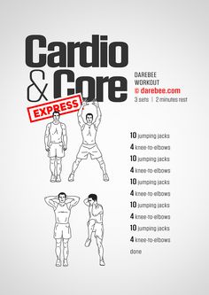 the instructions for cardio and core exercises are shown in black and white, with red lettering