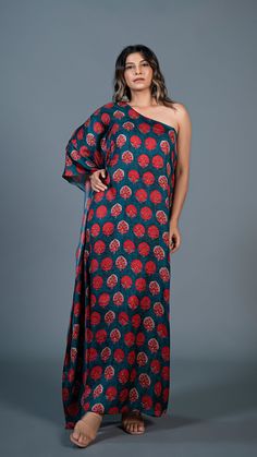 Teal Green One Shoulder Kaftan With Red Motifs In Modal Silk Festive One Shoulder Silk Dresses, Festive One-shoulder Silk Dress, Red Silk One-shoulder Dress, One Shoulder Printed Maxi Dress, Red One-shoulder Silk Dress, One Shoulder Kaftan, Buy List, Festive Collection, Kaftan Dress