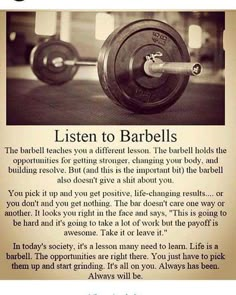 an advertisement for a barbell training program with the words, listen to barrells