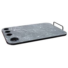 a marble tray with three holes in the middle and two black handles on each side