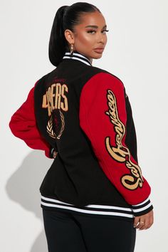 Available In Black/Red. Rib Contrast Pockets Snap Button Front Lined Wool Front, Back, And Sleeve Applique Oversized Fit Disclaimer : Embroidery Placement Will Vary Self: 93% Polyester 5% Rayon 2% Elastane Lining: 100% Polyester Imported | 49ers Letterman Jacket in Black/Red size Large by Fashion Nova Black Varsity Jacket For Game Day In Winter, Black Long Sleeve Outerwear For Game Day, Black Varsity Jacket For Game Day In Fall, Black Winter Varsity Jacket For Game Day, Red Long Sleeve Outerwear For Game Day, Red Varsity Jacket For Game Day In Winter, Red Letterman Jacket, Red Long Sleeve Varsity Jacket For Game Day, Red Long-sleeve Outerwear For Game Day