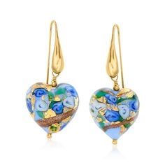 PRICES MAY VARY. ITALIAN MURANO GLASS AND 18KT GOLD OVER STERLING — Italian multicolored Murano glass heart bead drop earrings in 18kt gold over sterling. Heart-shaped royal blue, light blue, green, gold and bronze foil Murano glass beads. Polished finish. 1 1/2 in. hanging length, 5/8 in. wide. Earwire backings. Murano glass beads are unique and may vary. THE FINISHING TOUCH — With their lovely design, these Murano glass earrings add a feminine accent to any style. Pair them with your casual or Murano Glass Earrings, Bead Drop Earrings, Sterling Silver Heart Necklace, Sterling Silver Bangle Bracelets, Luxury Earrings, Murano Glass Beads, Beaded Drop Earrings, Heart Drop Earrings, Bangle Bracelets With Charms