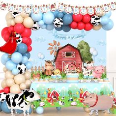 a birthday party with farm animals and balloons