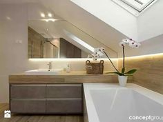 a bathroom with a skylight and large mirror above the bathtub is pictured in this image