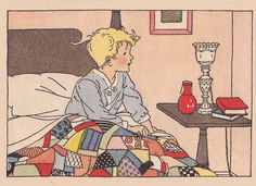 a drawing of a woman sitting on a bed looking at a vase with a candle in it