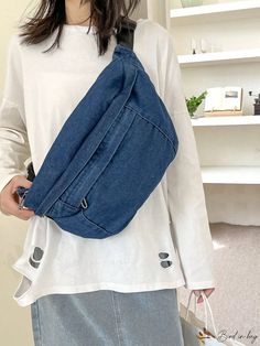 BirdinBag - Denim Oversized Preppy Fanny Pack with Minimalist Design and Adjustable Strap Casual Blue Denim Bag, Casual Denim Bag With Pockets, Casual Denim Blue Bag With Pockets, Denim Bags, Estilo Preppy, Word Wrap, Waist Bags, Bum Bag, Denim Bag