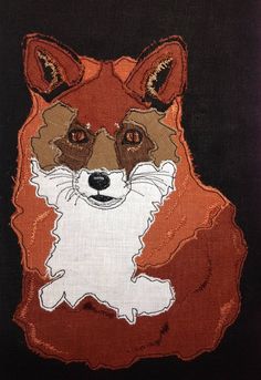 a close up of a painting of a fox on a black background with red and white colors