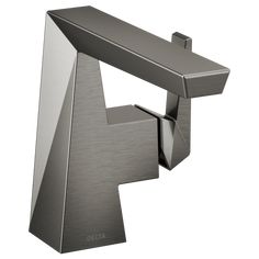 the delta faucet is shown in stainless steel, and has an angled design