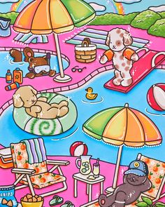 an image of a beach scene with teddy bears and umbrellas