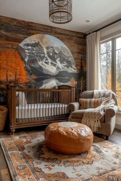 a baby's room with a large painting on the wall