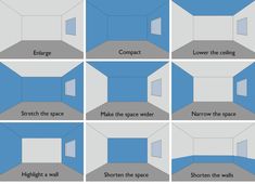 six different views of an empty room with blue walls