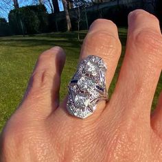 Art Deco Diamond Dinner Ring sold by Doyle and Doyle an antique and vintage jewelry boutique Dinner Ring, French Cut, European Cut Diamonds, Art Deco Diamond, Diamond Cuts, Platinum, Sapphire, Silver Rings, Art Deco