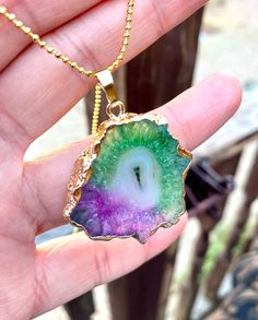 "Mesmerizing, natural rainbow Druzy Geode fully crystallized minerals, with irregular sizes and shapes. There are currently 2 in stock and all different since natural Stones are hard to get to a fixed shape and size. --The sizes: Pendant A: 1.25\" around approximately. Pendant B: 1.50\"*1.25\" approx. --20\" inches long ball chain, 14k yellow gold plated over copper. --The pendants are 14k yellow gold electroplated." Multicolor Mineral Crystal Necklaces As Gift, Multicolor Mineral Crystal Necklace For Gifts, Multicolor Crystal Necklace Gift, Multicolor Gemstone Crystal Necklaces, Iridescent Necklaces With Natural Stones For Healing, Multicolor Mineral Crystal Gift Crystals, Multicolor Amethyst Gemstone Crystal Necklace, Multicolor Amethyst Crystal Necklaces For Healing, Multicolor Mineral Crystal With Natural Stones