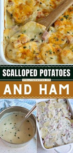 four pictures with different types of baked potatoes and ham in them, including an egg casserole