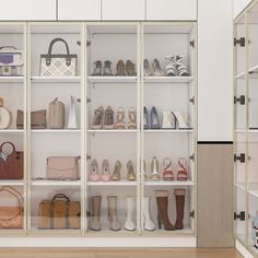 the closet is full of shoes and purses for all kinds of people to wear