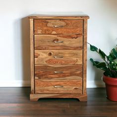 a wooden chest of drawers next to a potted plant