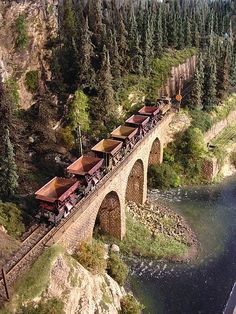 an aerial view of a train traveling over a bridge in the woods near a river