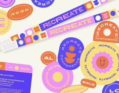 an image of some colorful stickers on a white surface with the words recreate