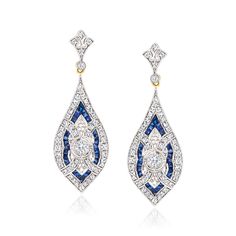 Ross-Simons - C. 1980 Vintage 1.26ct t. w. Diamond, 1.12ct t. w. Sapphire Filigree Drop Earrings. C. 1980. From our Estate collection, these dazzling drop earrings bring the glamour of yesterday to today. Beautiful teardrops are bedecked by 1.26 ct. t. w. round and round Old European-cut diamonds and enriched by 1.12 ct. t. w. square sapphires. Finely crafted in polished 14kt yellow and white gold with fanciful filigree details. Hanging length is 1 1/2". Post/clutch, sapphire and diamond drop ea Classic Bridal Earrings With 17 Jewels For Anniversary, Classic Hallmarked Pear-shaped Diamond Earrings, Classic Diamond Drop Earrings With 17 Jewels, Art Deco Diamond Earrings For Anniversary, Hallmarked Pear-shaped Diamond Earrings For Anniversary, Pear-shaped Hallmarked Diamond Earrings For Anniversary, Art Deco Diamond Cut Earrings For Anniversary, Art Deco Diamond Cut Earrings For Wedding, Art Deco Diamond Cut Wedding Earrings