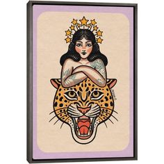 an art print with a woman on top of a leopard's head and stars above it